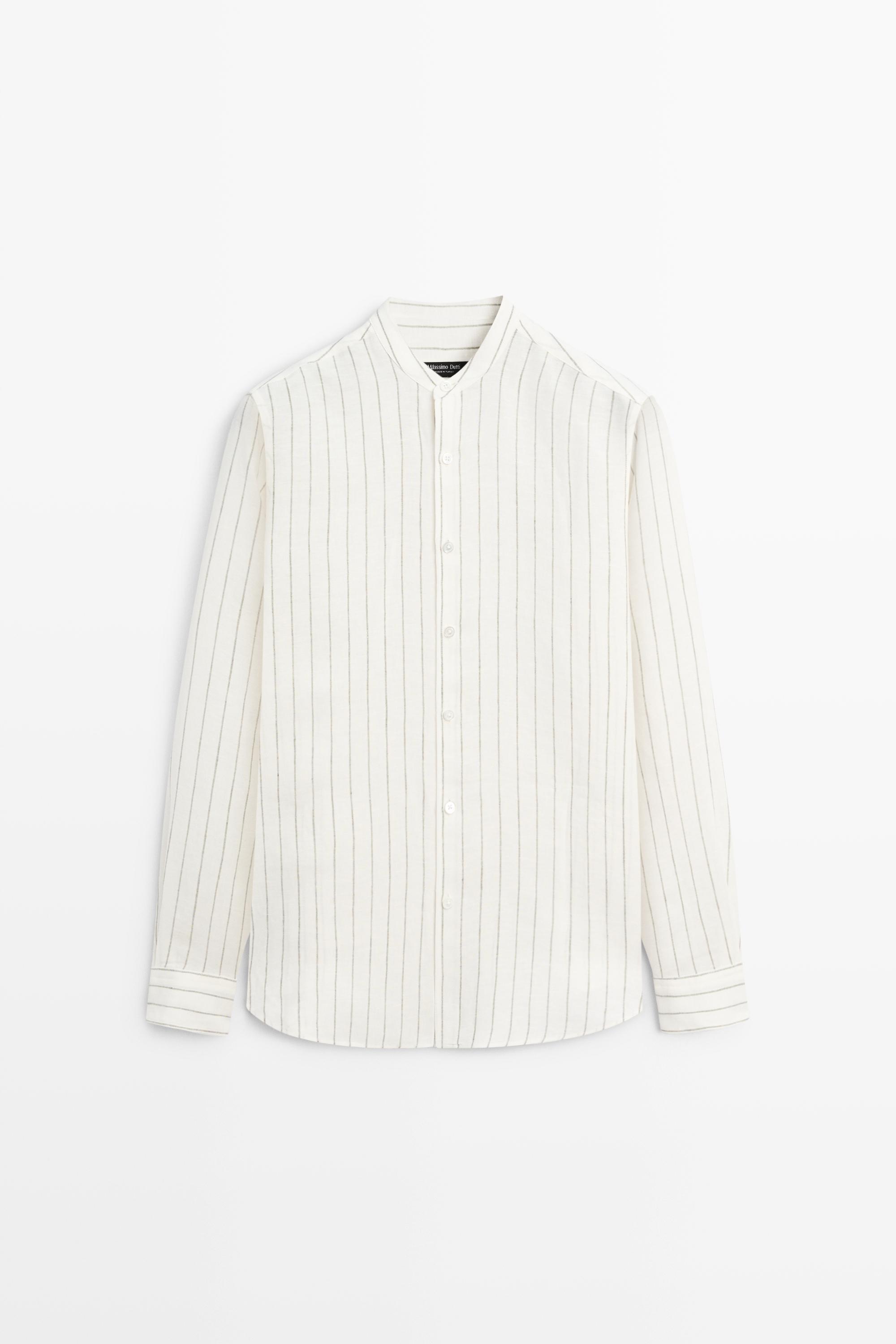 100% linen striped stand collar shirt
